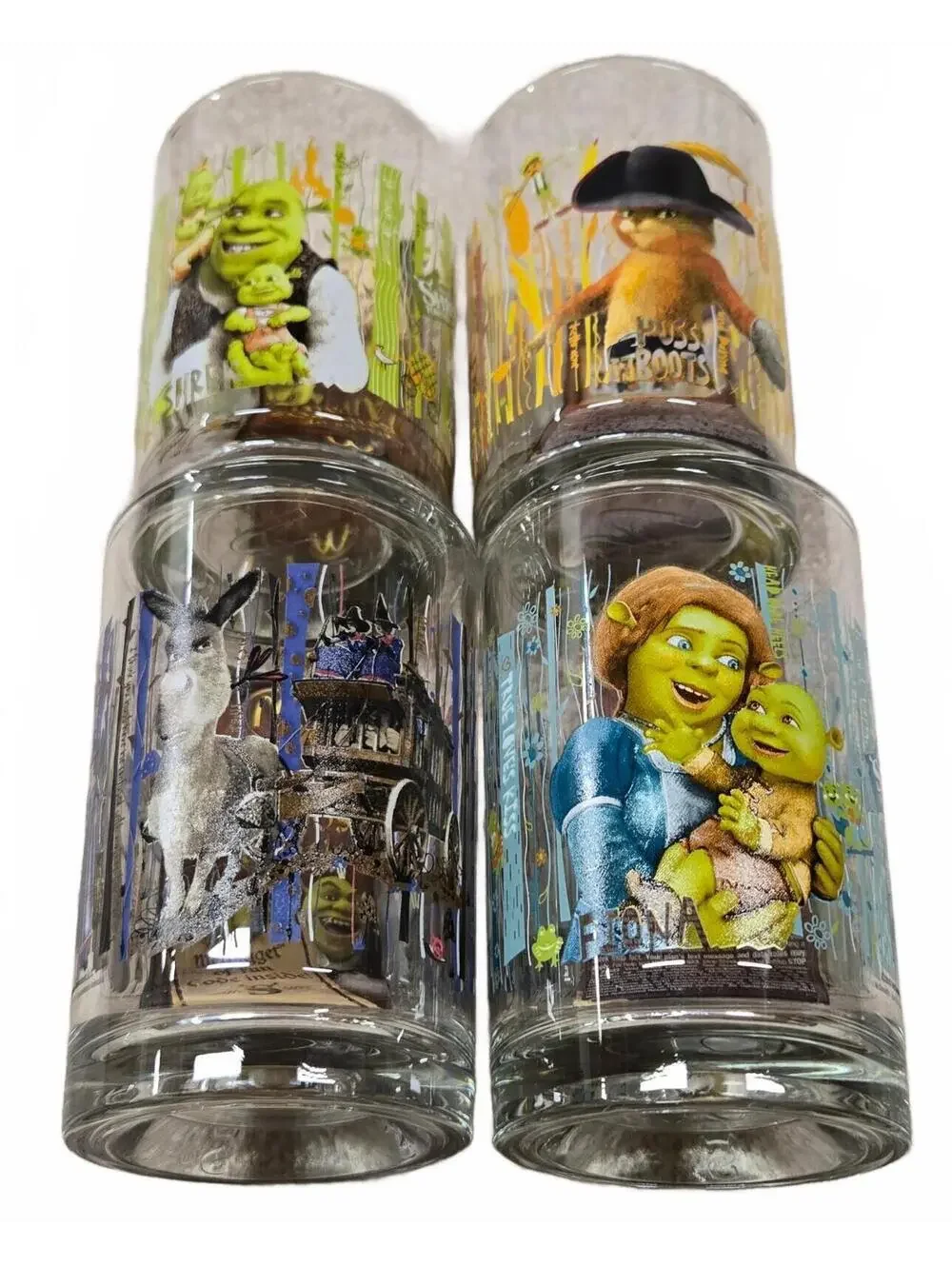 Set of 4 McDonald's Shrek Character Glasses Featuring Shrek, Fiona, Donkey, and